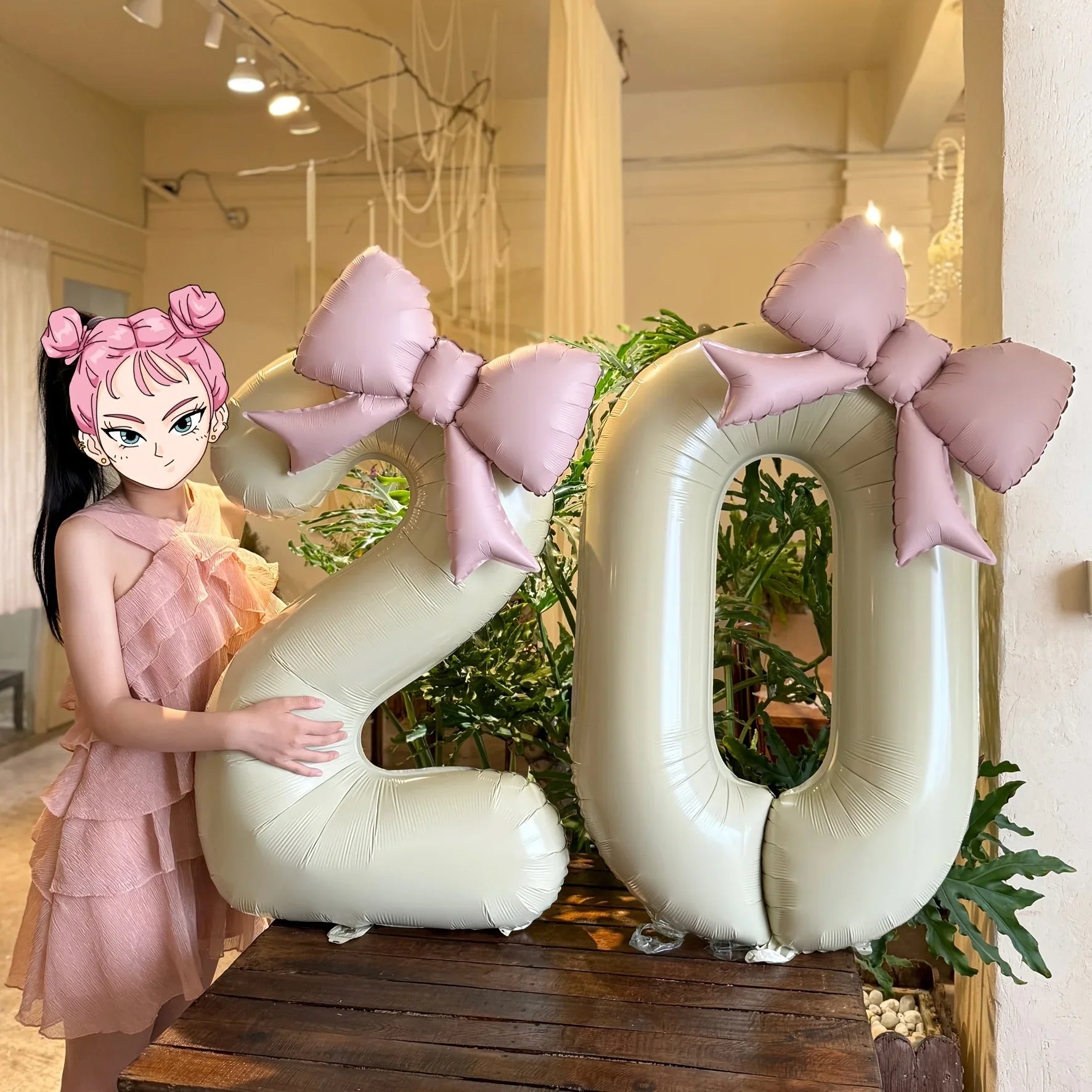 2 Pcs 32 Inch Cream Digital Balloon Set with Pink Bow | Aluminum Foil Party Decor