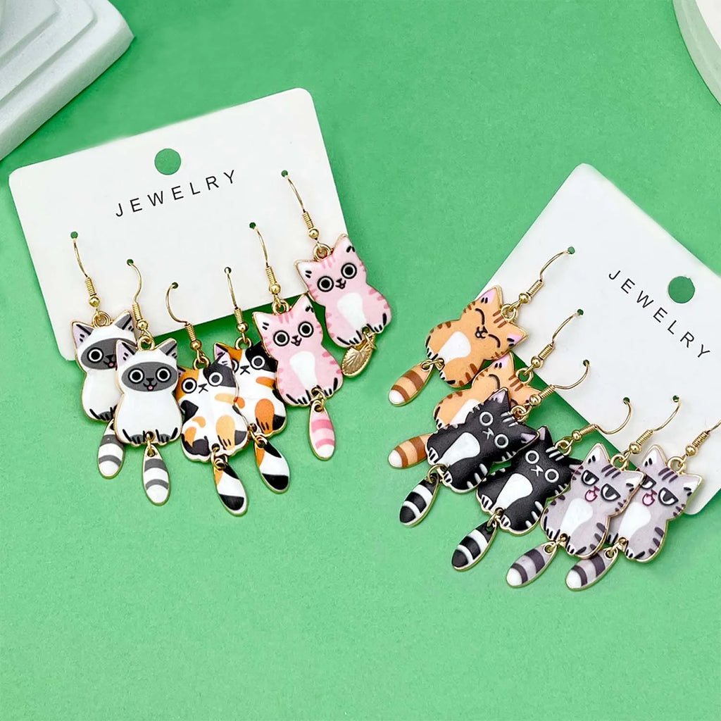 Fashionable Enamel Cat Earrings Set | 3 Pairs Cute Cartoon Drop Earrings for Women and Girls