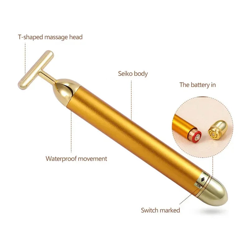 Gold Plated Facial Roller Massager | T-Shape Vibration Face Lift Tool