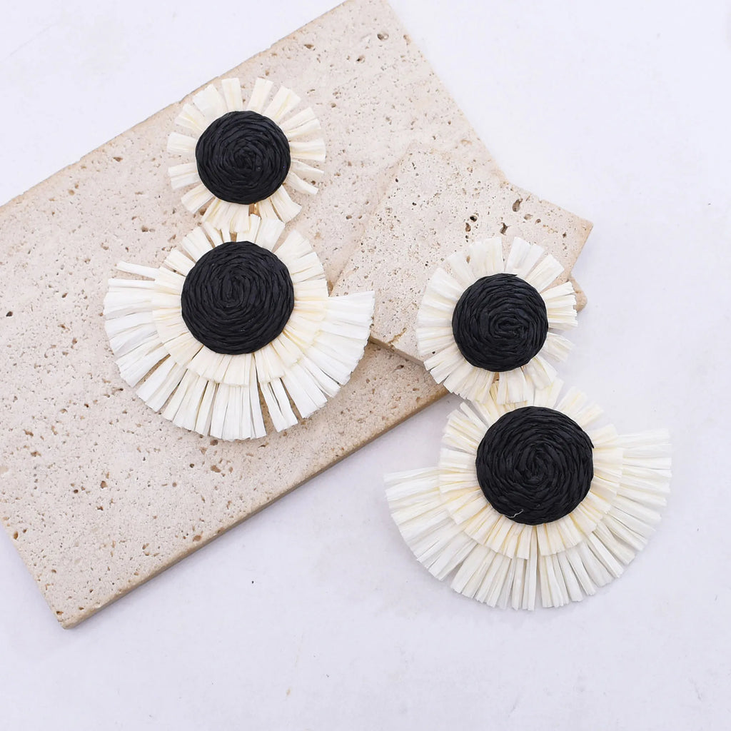 Black And White Raffia Fan Dangle Earrings | Bohemian Tribal Handmade Jewelry