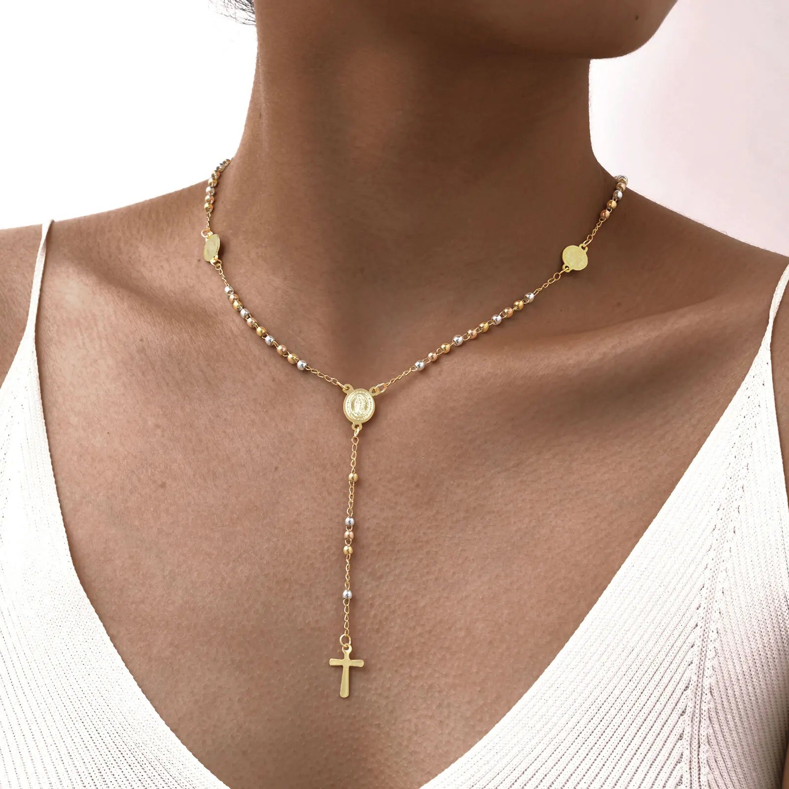Prjewel Stainless Steel Three-Color Beaded Cross Pendant Y-Necklace | Faith-Inspired Fashion Jewelry