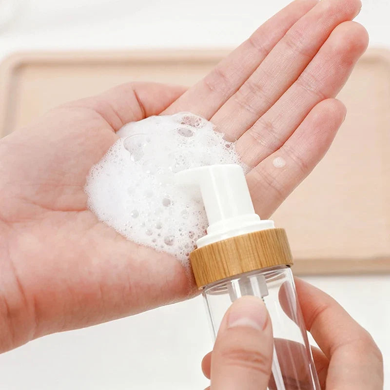 150ml Refillable Bamboo Foam Pump Bottle | Travel Size Empty Dispenser for Face Cleaner and Shampoo