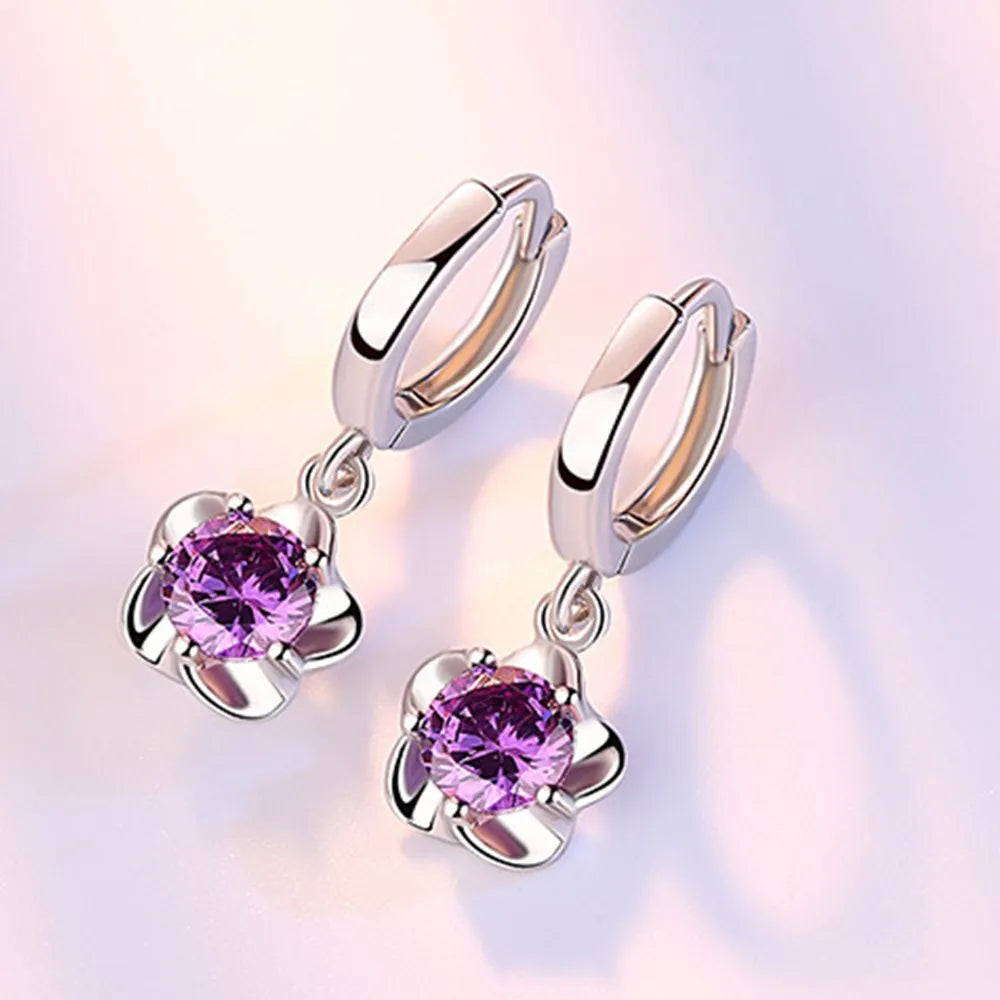 925 Sterling Silver Hoop Earrings with Purple and White Zircon | Fine Jewelry Gift