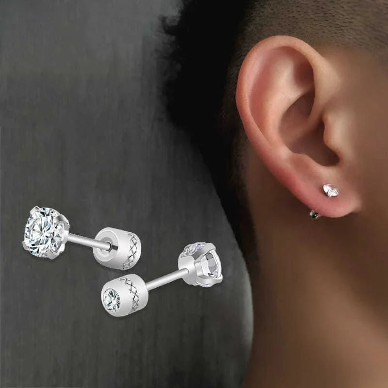 2 Piece Medical Stainless Steel Crystal Zircon Ear Studs | Hypoallergenic Tragus Cartilage Screw Piercing Jewelry