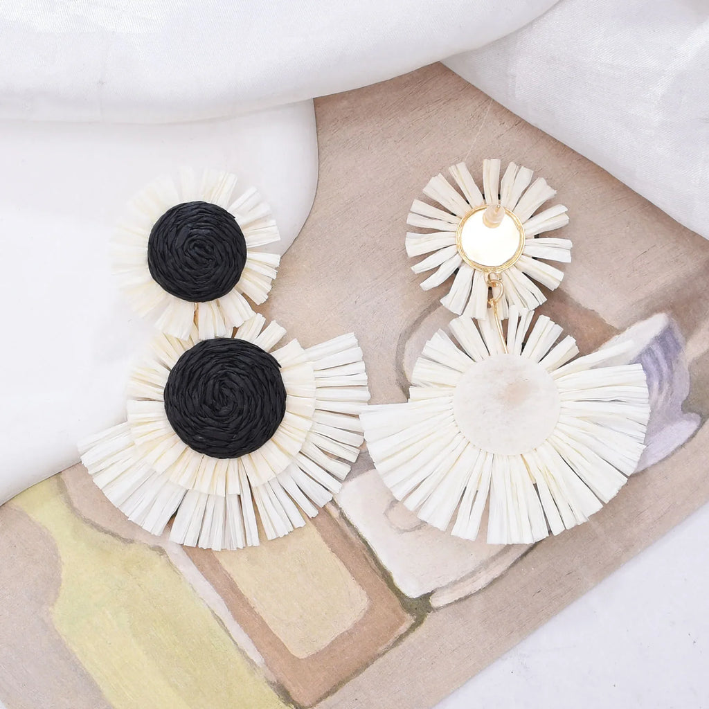 Black And White Raffia Fan Dangle Earrings | Bohemian Tribal Handmade Jewelry