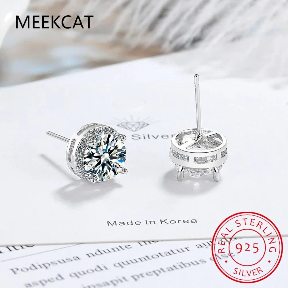 925 Sterling Silver Moissanite Stud Earrings | 2 Carat Round Engagement Wedding Jewelry for Women