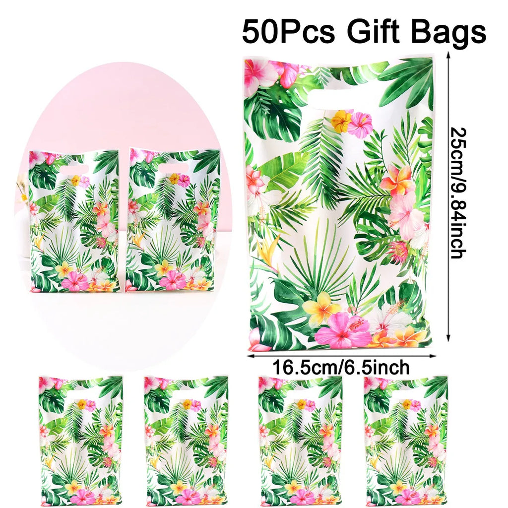 Tropical Hawaiian Party Tablecloth and Flamingo Decor Set | Plastic Table Runner and Candy Bags