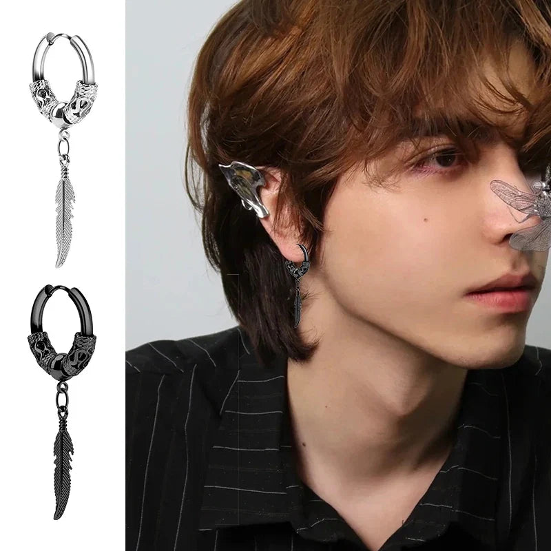2Pcs Stainless Steel Feather Leaf Coil Earrings Set | Unisex Punk Hoop and Stud Jewelry