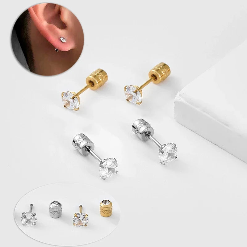 1Pair Stainless Steel Crystals Stud Earrings | Classic Screw-Back Jewelry