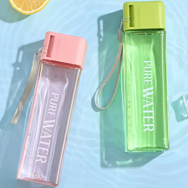 Portable Square Plastic Water Cup | Leak Proof Sports Bottle with Drawstring