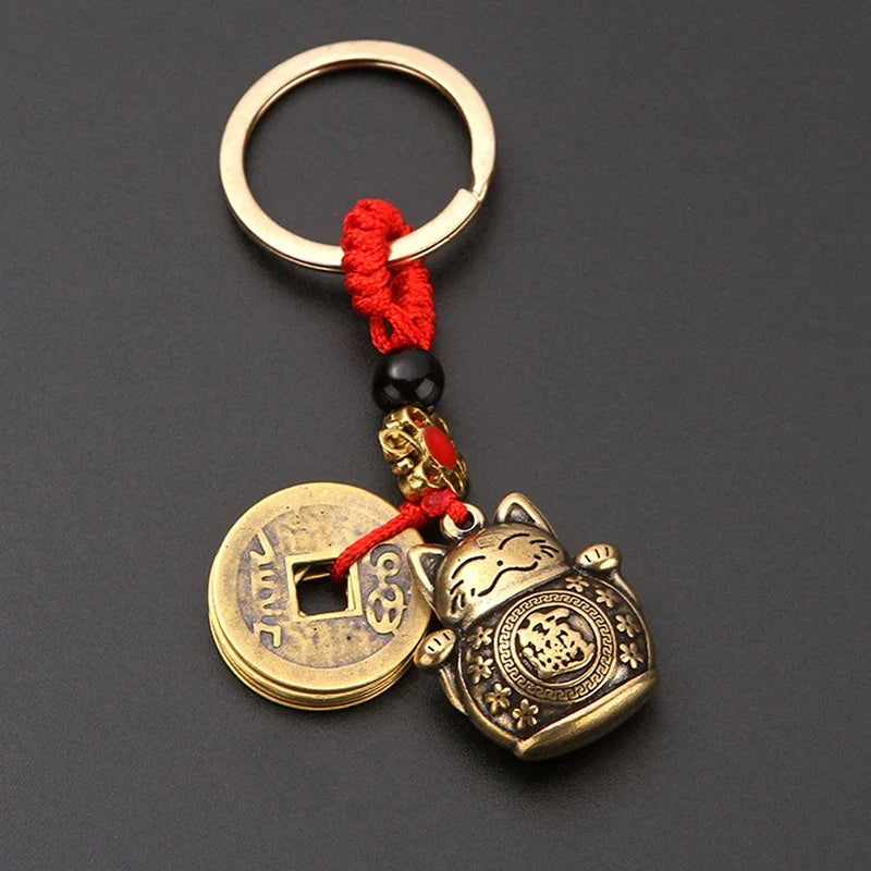 Handmade Brass Feng Shui Coins Keychain | Lucky Cat Car Keychain with Five Emperors Money