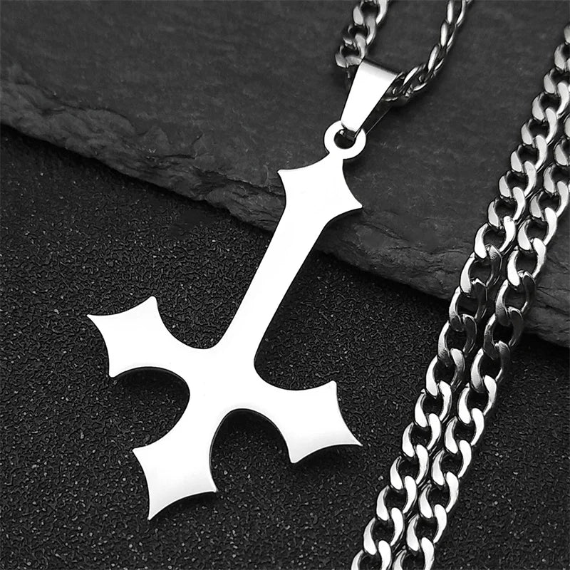 Goth Upside Down Cross Stainless Steel Pendant Necklace | Inverted Crucifix Gothic Jewelry for Men