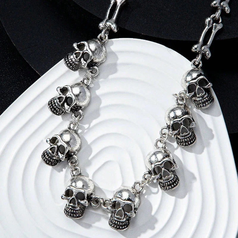 Gothic Skull Choker Necklace | Multiple Skull Connected Gothic Jewelry for Women