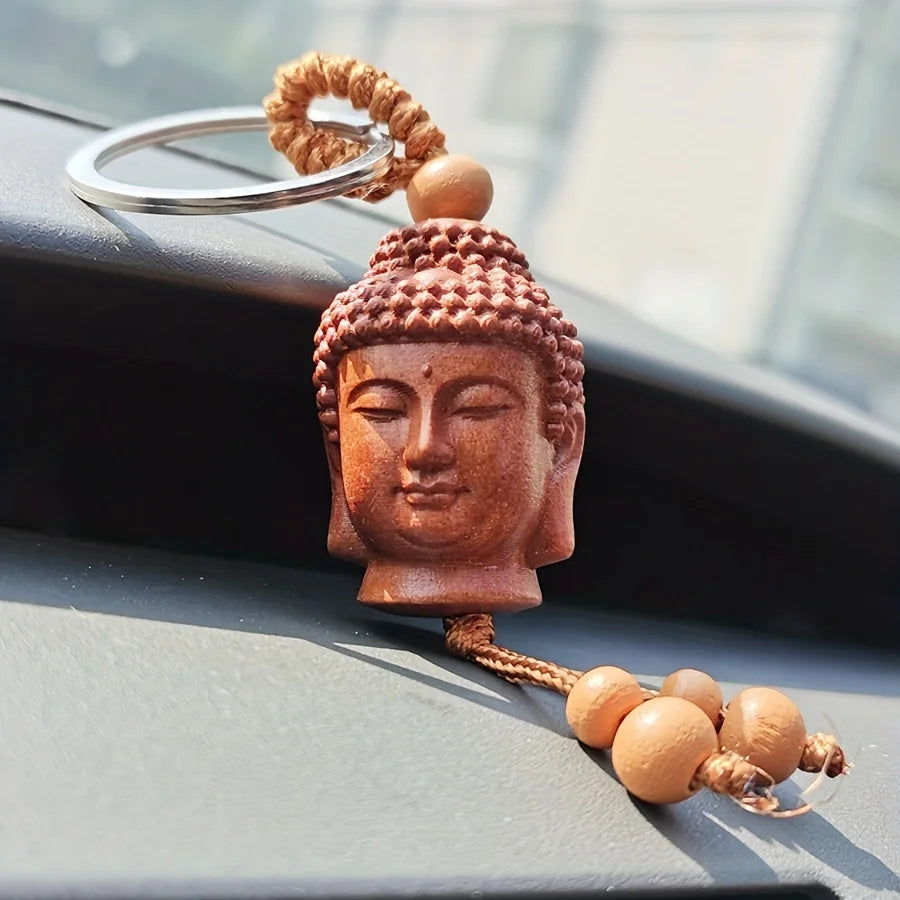 Buddha Head Carved Wood Keychain | Peach Wood Key Ring