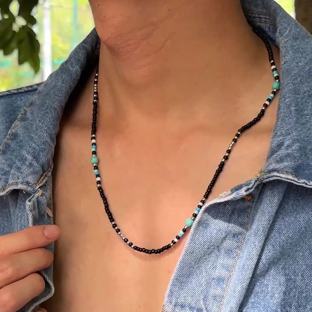 Synthetic Turquoise Necklace for Men | Natural Stone Mini Beads Summer Beach Bohemian Jewelry