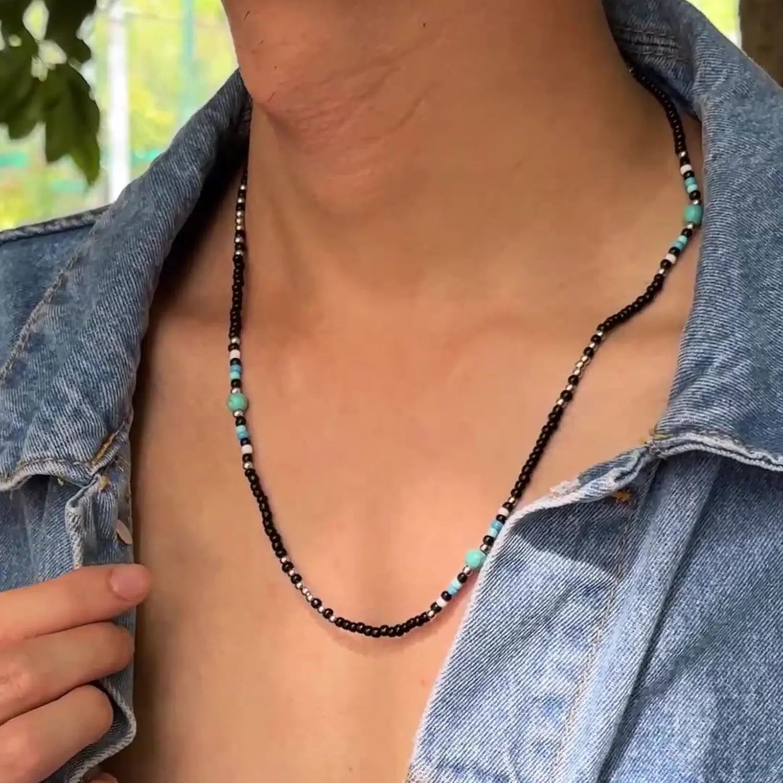 Synthetic Turquoise Necklace for Men | Natural Stone Mini Beads Summer Beach Bohemian Jewelry