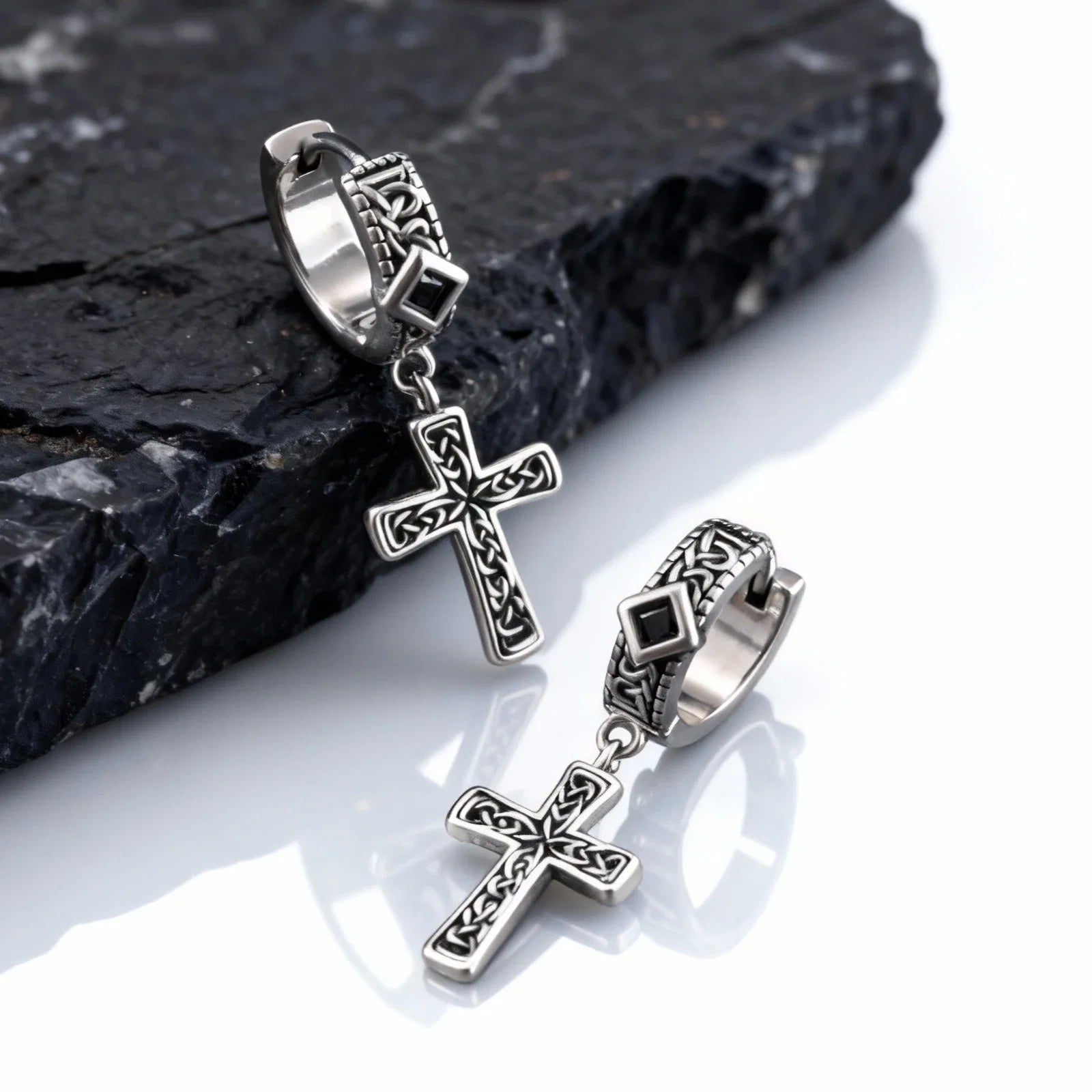 Vintage Celtic Knot Cross Hoop Earrings for Men | Anti Allergy Black Square Zircon Drop Earrings