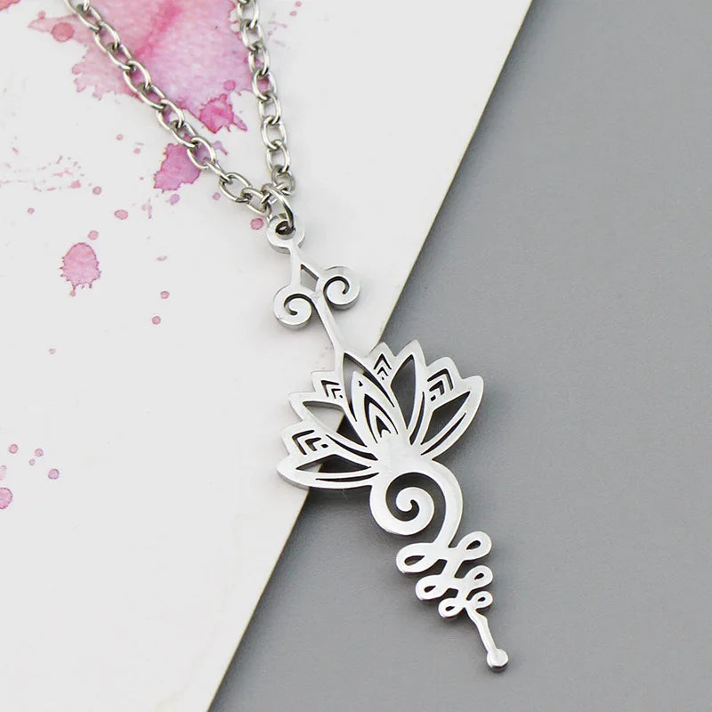 Stainless Steel Unalome Pendant Necklace | Yoga Jewelry with Lotus Flower