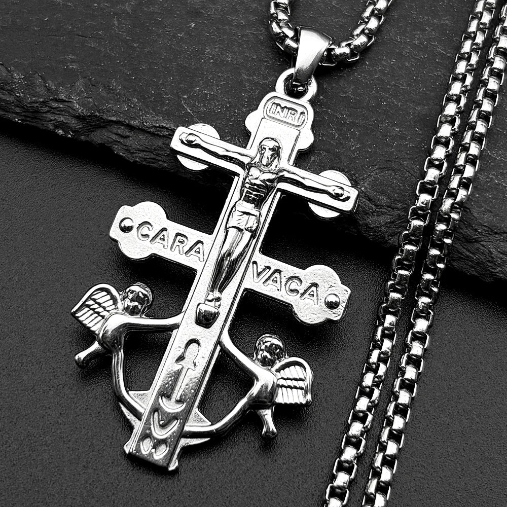 Catholic INRI Caravaca Cross Jesus Crucifix Pendant Necklace | Stainless Steel Gold Color Jewelry Gift