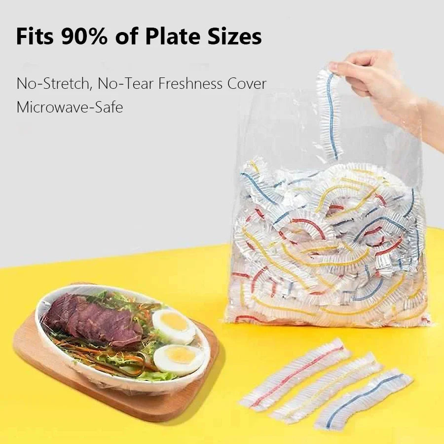 Kitchen Elastic Food Covers | 100 Pack Reusable Plastic Wrap for Bowls and Plates