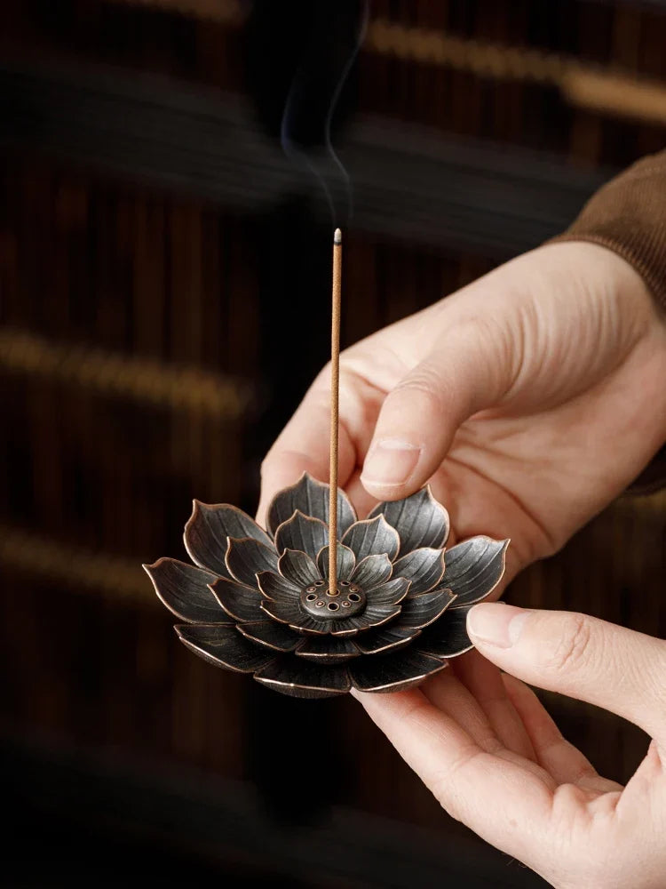 2in1 Alloy Incense Burner | Metal Sandalwood Stick Holder with Zen Lotus Design