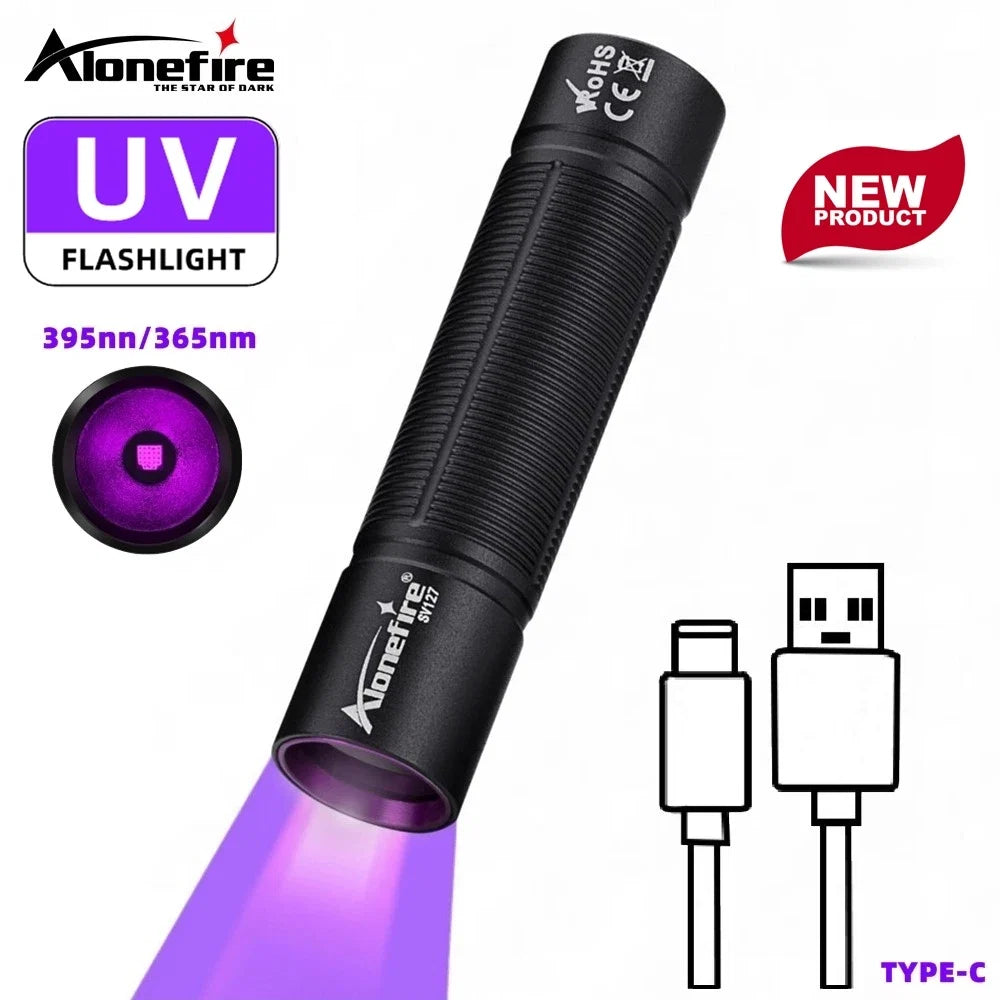 Mini 365nm/395nm UV Flashlight | USB Rechargeable Blacklight for Pet Urine Detection and Money Verification