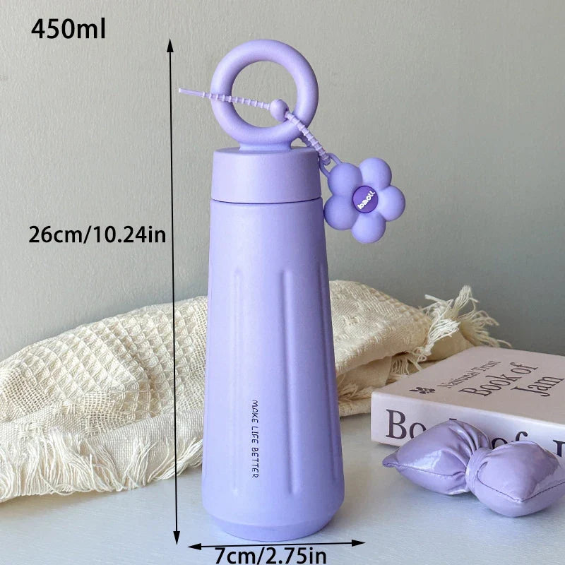 450ml 316 Stainless Steel Vacuum Insulated Water Bottle with Sunflower Pendant | Unisex Thermos for Hot & Cold Drinks