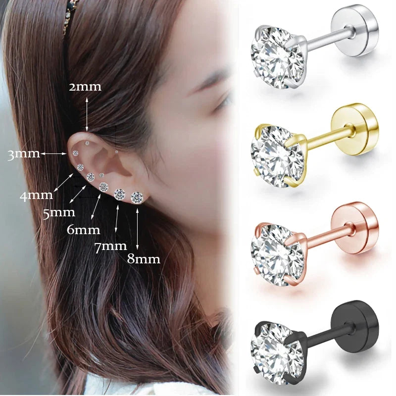 Stainless Steel Cubic Zirconia Stud Earrings | Screw-Back CZ Earrings for Women and Men