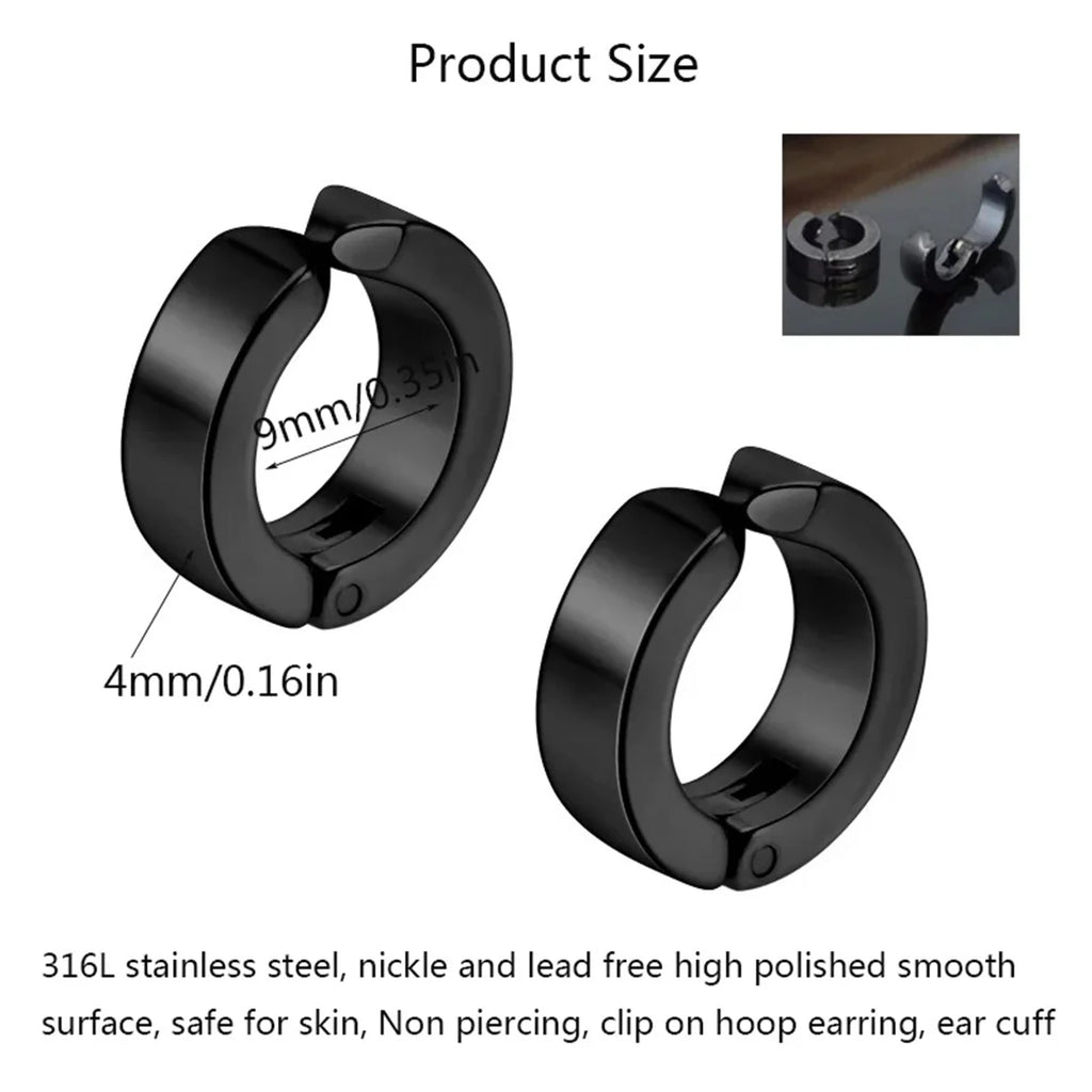 Stainless Steel Cuff Earrings for Men | Non Piercing Clip On Hoop Set