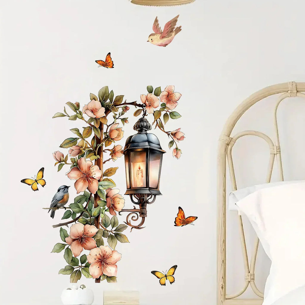 Colorful Flower Pendant Lamp Bird Wall Sticker | Self-Adhesive Home Decal