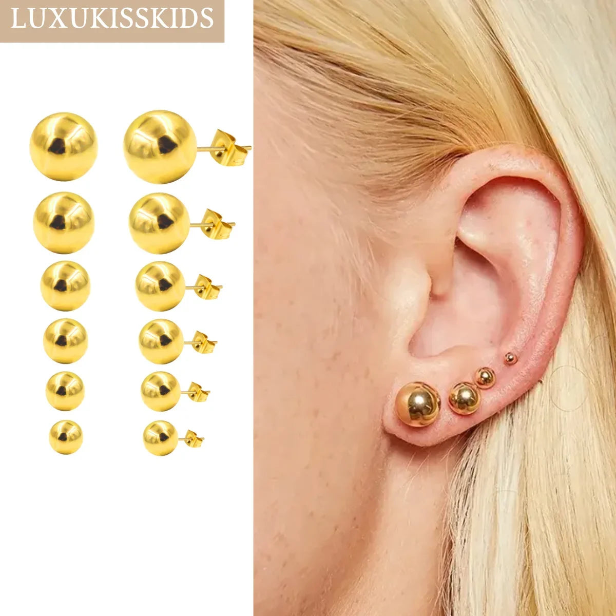 Stainless Steel Ball Stud Earrings Set 6 Pairs | Minimalist Round Clip Earrings for Women Girls