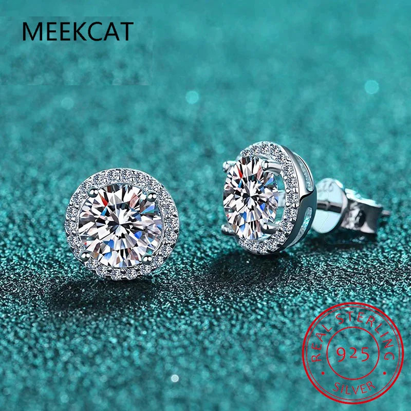 925 Sterling Silver Moissanite Stud Earrings | 2 Carat Round Engagement Wedding Jewelry for Women