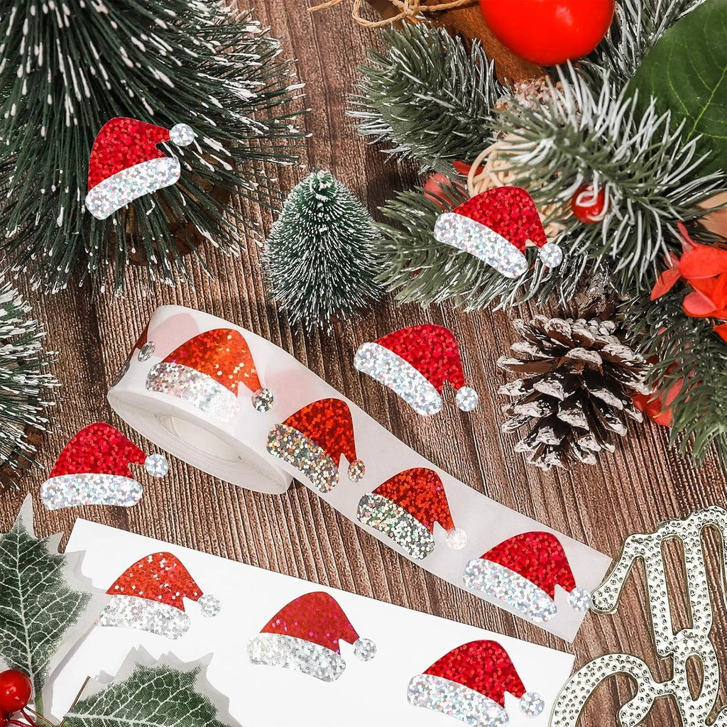 500Pcs Christmas Hat Stickers Roll | Laser Red Santa Hat Seal Stickers for Envelopes and Party Decor