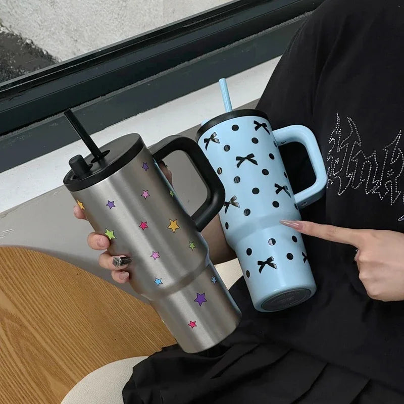 24oz Insulated Travel Mug with Handle and Straw Lid | Stainless Steel Vacuum Cup