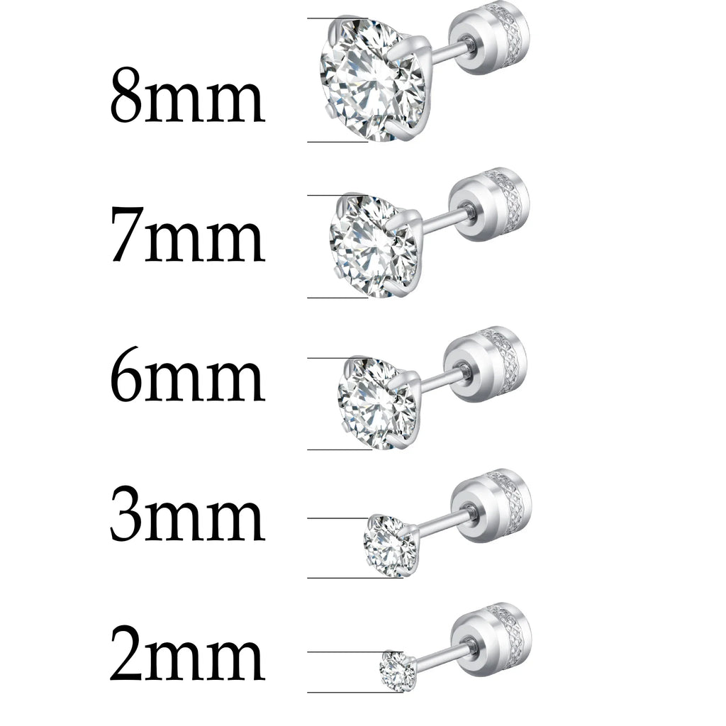 Stainless Steel Titanium Stud Earrings | 4 Color CZ Crystal Screw Back Earrings for Women