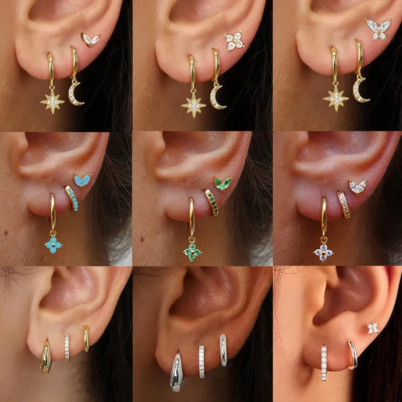 3Pcs Crystal Tragus Stud Earring Set | Flower Cartilage Huggie Earring Bulk Helix Jewelry Women Fashion Heart Lobe Earring Pack