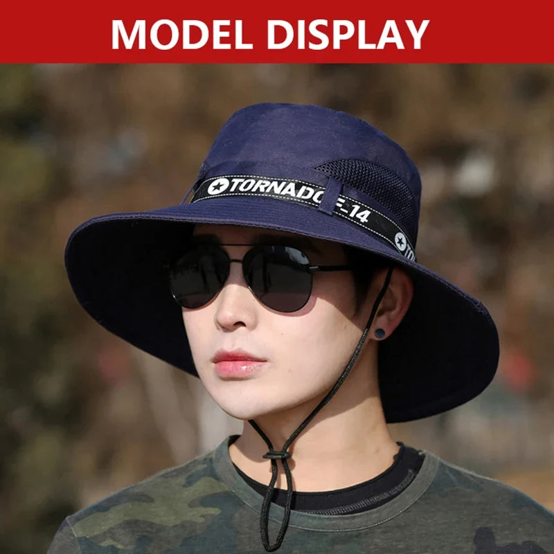Windproof Men Outdoor Hat | Wide Brim Flat Top Fisherman Hat with Letter Print and Anti-UV Strap