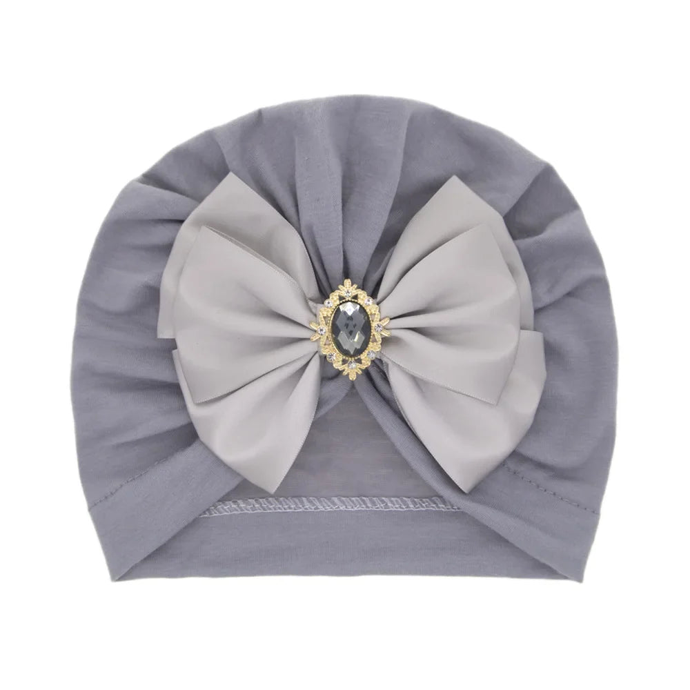 Solid Color Baby Turban Bow Beanie with Rhinestone | Handmade Infant Cap for Girls 0-2 Years