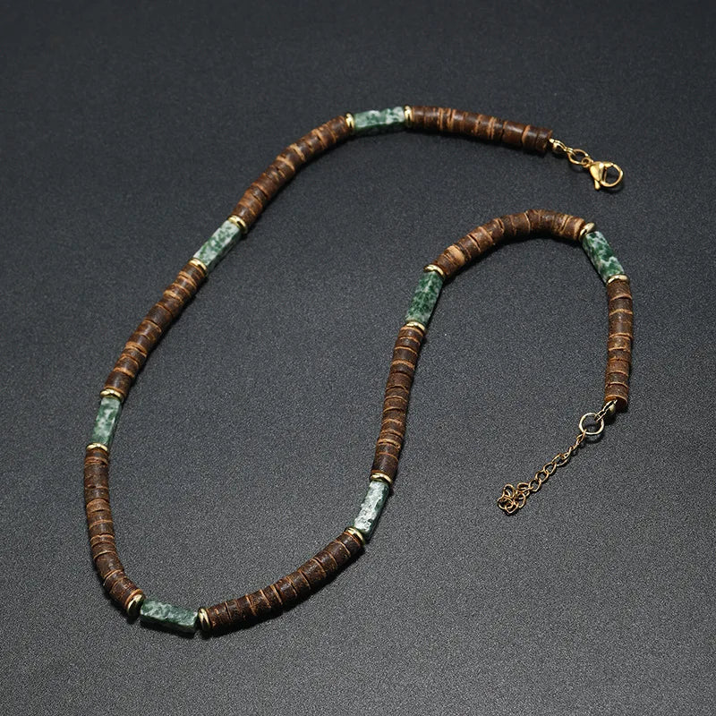 Vintage Boho Natural Stone Necklace for Couples | Brown Coconut Shell Bead Choker