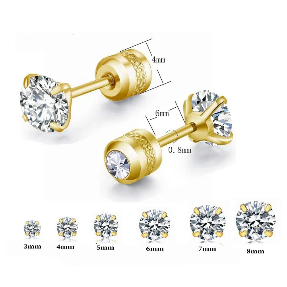6 Pairs Screw Back Stud Earrings Set | Surgical Stainless Steel Double Sided Round CZ Earrings for Women Men