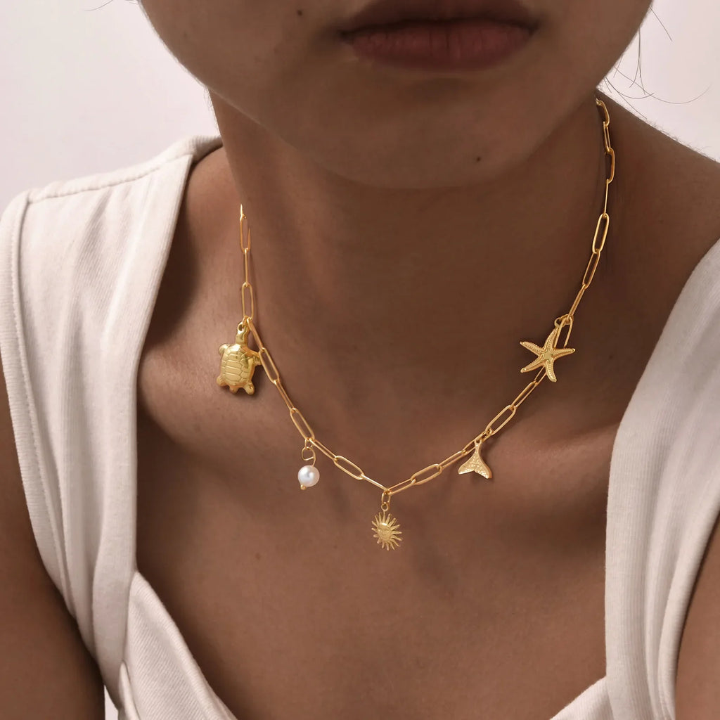 18k Gold Plated Pearl Shell Starfish Necklace | Summer Beach Jewelry for Women