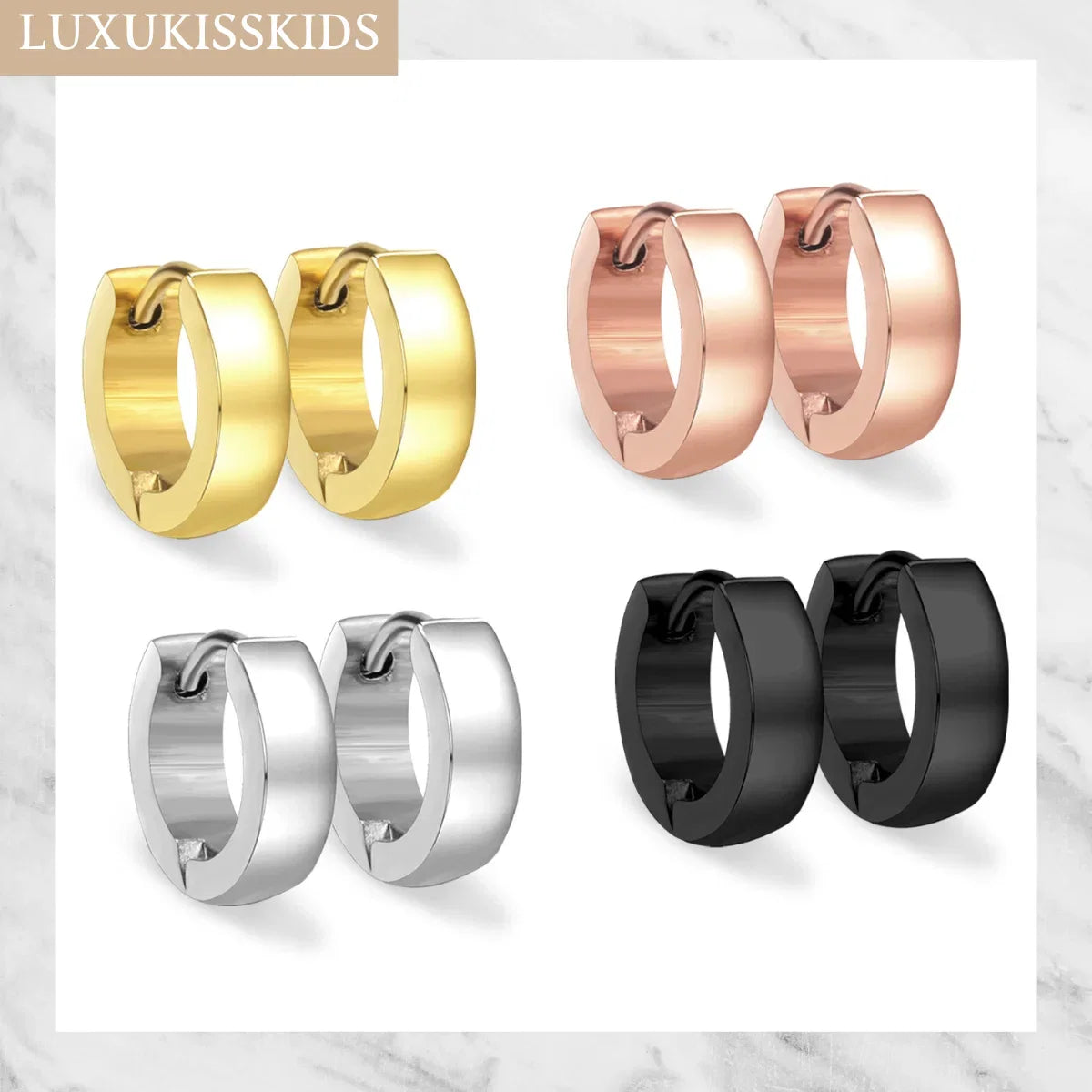 Solid Smooth Hoop Earrings Rosegold Black Stainless Steel Simple Round Ear Clips | Unisex Fashion Jewelry