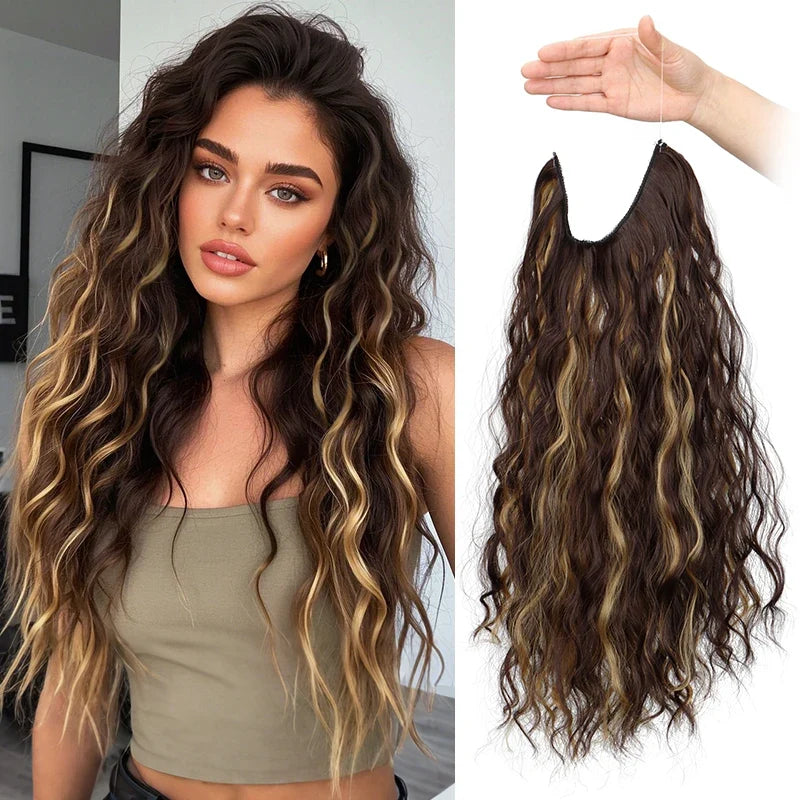 Long Synthetic Fishing Line Hair Extensions Elegant Water Wave Curly Styles for Women | Lightweight Fluffy-Looking Hairpiece