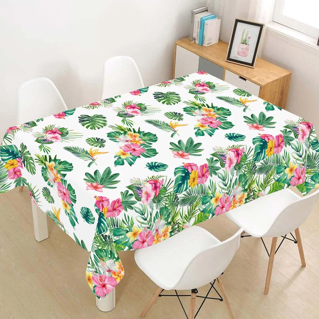 Tropical Hawaiian Party Tablecloth and Flamingo Decor Set | Plastic Table Runner and Candy Bags
