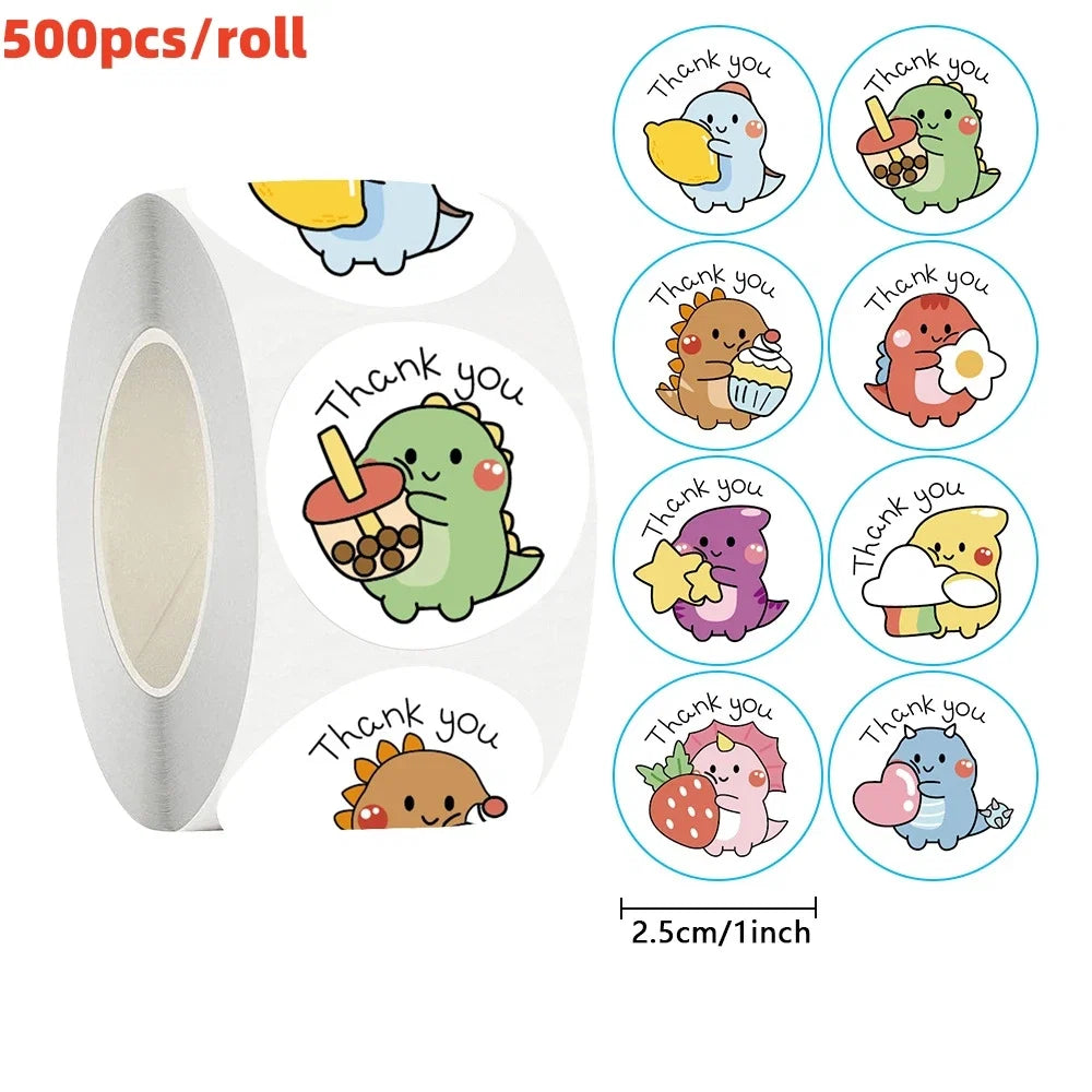 50/100/500pcs Cartoon Dinosaur Thank You Stickers | 1 Inch Round Labels for Packaging, Gifts, and Baking