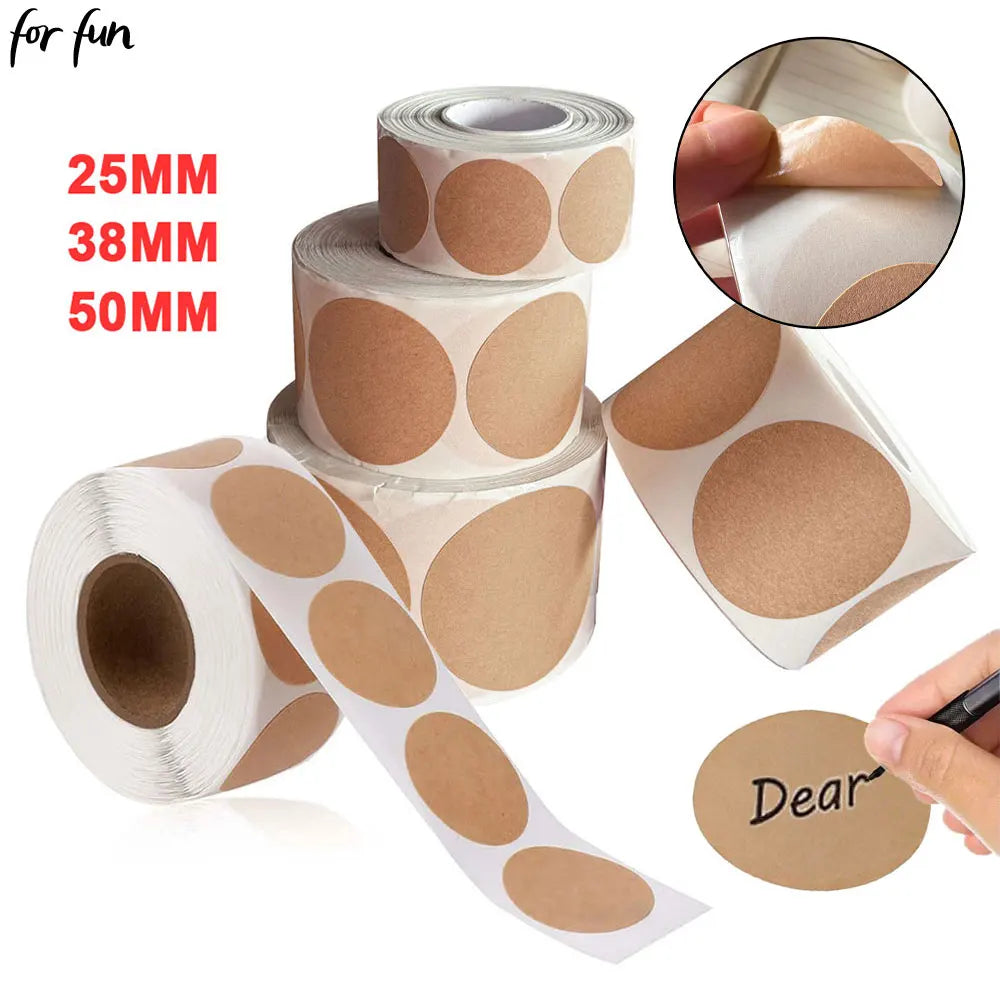 Kraft Self-Adhesive Label Paper Stickers | 500pcs Round Roll for Organization