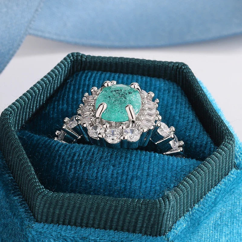 925 Silver Plated Paraiba Sapphire Oval Ring | Full Diamond Couple Band for Women