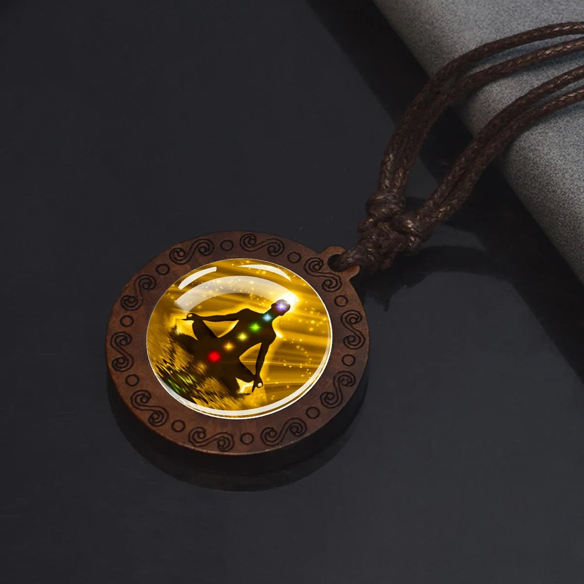 7 Chakra Symbol Glass Wood Pendant Necklace | Unisex Yoga Meditation Jewelry