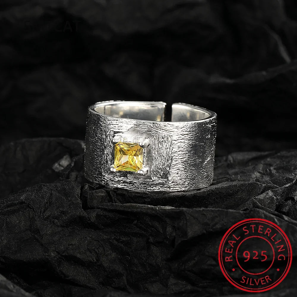 Real 925 Sterling Silver Square Citrine Gemstone Frosted Wide Opening Ring | Women Wedding Party Fine Jewelry