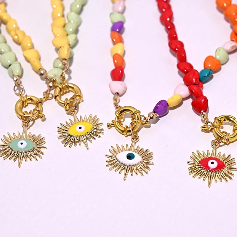 Heart Choker Necklace with Colorful Beads | Bohemian Eye Pendant Set for Women